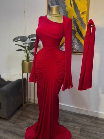 Women Skew Neck Flare Long Sleeve Ruched Stacked Maxi Long Dress Fall Birthday Evening Sexy Party Dresses with Scarf