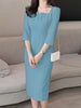 Elegant Women Slim Knee-length Dress Square Neck 3/4 Sleeve Seamed Party Vestidos Casual Commute Solid Short Robe
