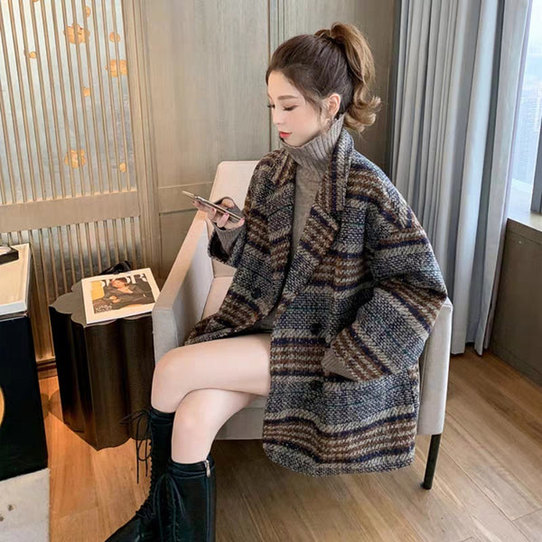 Women's Plaid Tweed Blazer Coat, Longline Suit Jacket for Fall Winter Styling