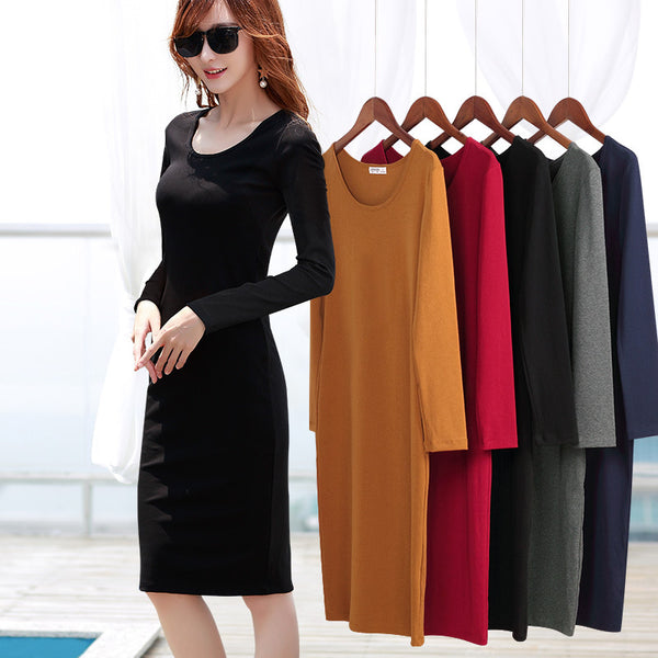 Women's Long Sleeve Bodycon Long Dress, Neckline and Color Options for Fall Winter Layering