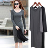 Women's Long Sleeve Bodycon Long Dress, Neckline and Color Options for Fall Winter Layering