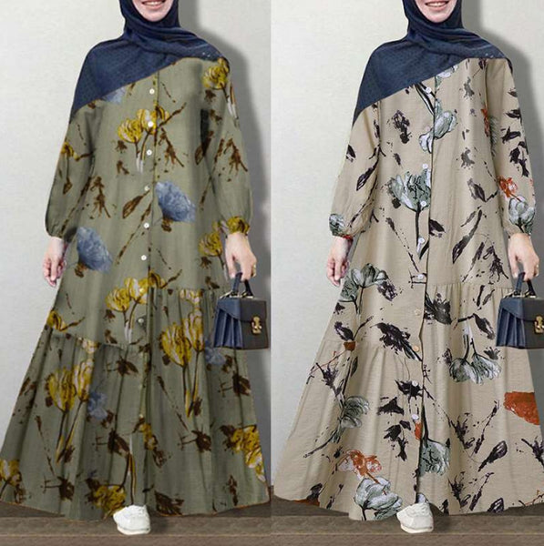 Women's Plus Size Floral Long Dress, Long Sleeve Panel Design Dress for Casual Styling