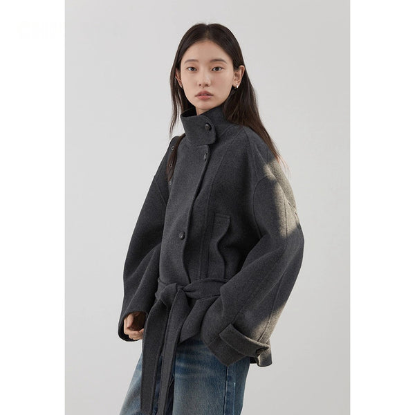 Korean Women Double-sided Belt Woolen Coat Loose Overcoat Solid Ladies Outerwear Girl Jackets Autumn Winter