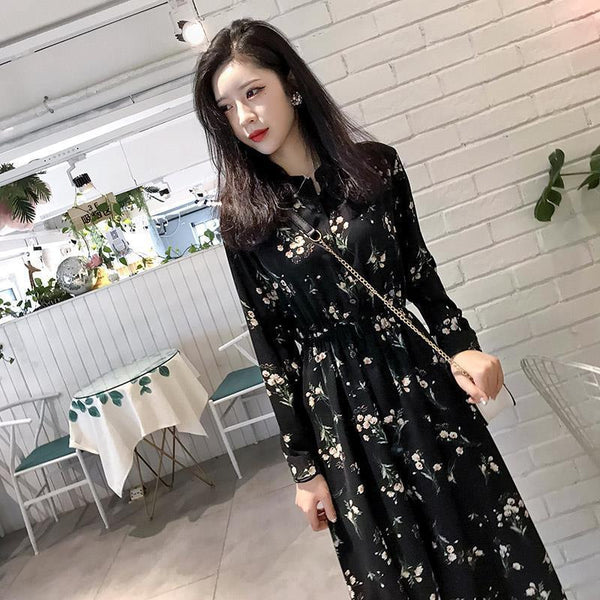 Women's Floral Chiffon Long Dress, Defined Waist A-Line Dress for Spring Styling