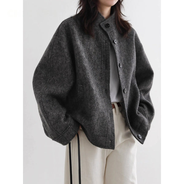 Women Short Woolen Coat Stand Up Twill Texture Single Breasted Ladies Jacket Retro Woman Outwear Autumn Winter