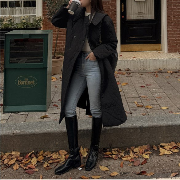 Women's Black Quilted Coat, Double Breasted Lapel Collar Belted Padded Outerwear for Winter