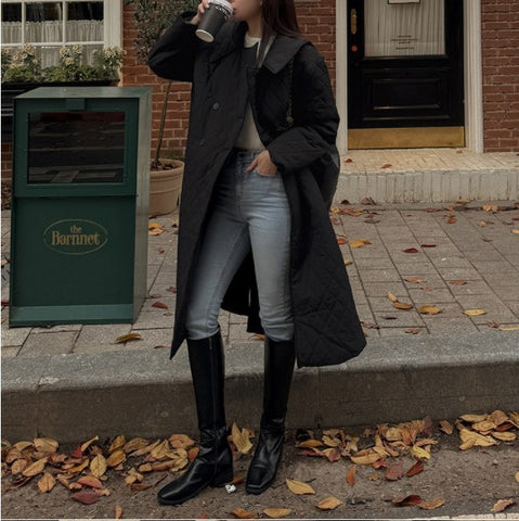 Women's Black Quilted Coat, Double Breasted Lapel Collar Belted Padded Outerwear for Winter