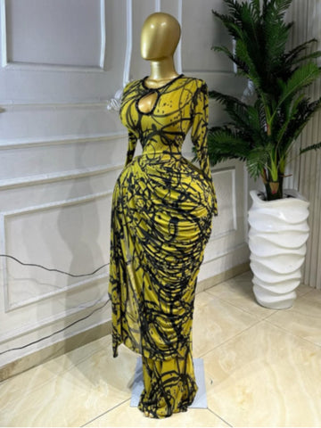Women Striped Print Ribbon Ruched Long Sleeve Bodycon Maxi Long Dress Sexy Birthday Party Education Dresses