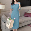 Elegant Women Slim Knee-length Dress Square Neck 3/4 Sleeve Seamed Party Vestidos Casual Commute Solid Short Robe