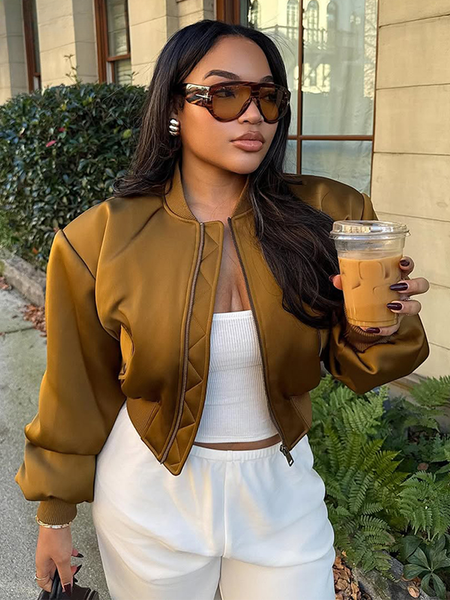 Elegant Full Sleeve Short Jacket Women Chic Zipper O-neck Shoulder-padded Blazer Coat Female Solid Coats Lady