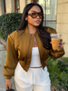 Elegant Full Sleeve Short Jacket Women Chic Zipper O-neck Shoulder-padded Blazer Coat Female Solid Coats Lady