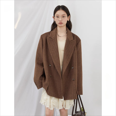 Women Woolen Blazer Loose Vintage V Neck Female Jacket Suit Double Breasted Office Ladies Coat Spring Autumn