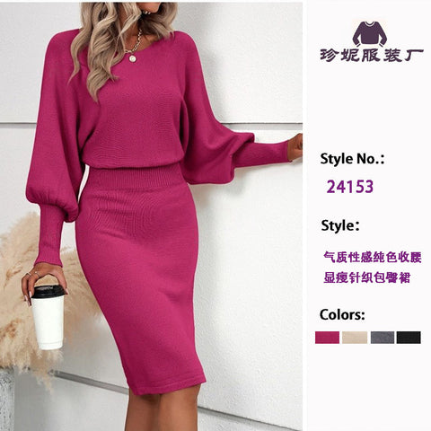 Women's Bodycon Sweater Dress, Round Neck Long Sleeve Solid Color Knit Dress with Defined Waist