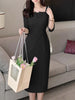 Elegant Women Slim Knee-length Dress Square Neck 3/4 Sleeve Seamed Party Vestidos Casual Commute Solid Short Robe