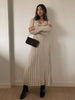 Women's Ribbed Knit Long Dress, V Neck Defined Waist Thick Knit Dress for Fall Winter