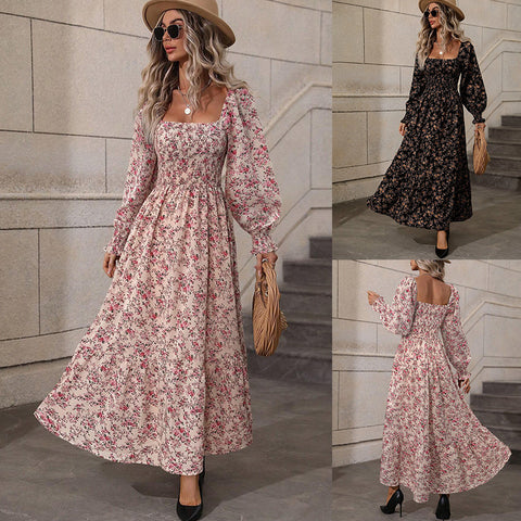Women's Floral Dress, Long Sleeve Open Back Flowy Dress for Spring Styling