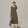 Women's Plus Size Knit Long Dress, Round Neck Long Sleeve Full Skirt Button Detail Dress for Fall Winter