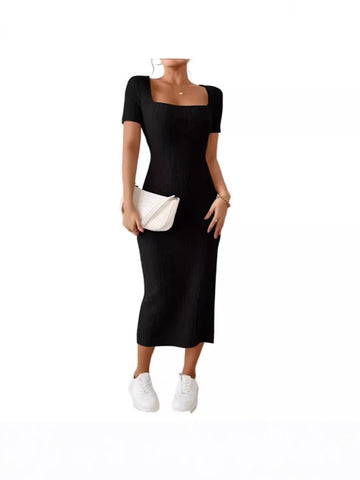 Women's Ribbed Knit Bodycon Dress, Square Neck Short Sleeve Side Slit Dress