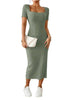 Women's Ribbed Knit Bodycon Dress, Square Neck Short Sleeve Side Slit Dress