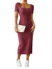 Women's Ribbed Knit Bodycon Dress, Square Neck Short Sleeve Side Slit Dress