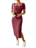 Women's Ribbed Knit Bodycon Dress, Square Neck Short Sleeve Side Slit Dress