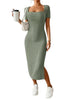 Women's Ribbed Knit Bodycon Dress, Square Neck Short Sleeve Side Slit Dress