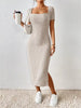 Women's Ribbed Knit Bodycon Dress, Square Neck Short Sleeve Side Slit Dress