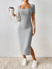 Women's Ribbed Knit Bodycon Dress, Square Neck Short Sleeve Side Slit Dress