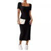 Women's Ribbed Knit Bodycon Dress, Square Neck Short Sleeve Side Slit Dress