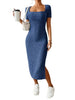 Women's Ribbed Knit Bodycon Dress, Square Neck Short Sleeve Side Slit Dress