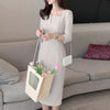 Elegant Women Slim Knee-length Dress Square Neck 3/4 Sleeve Seamed Party Vestidos Casual Commute Solid Short Robe
