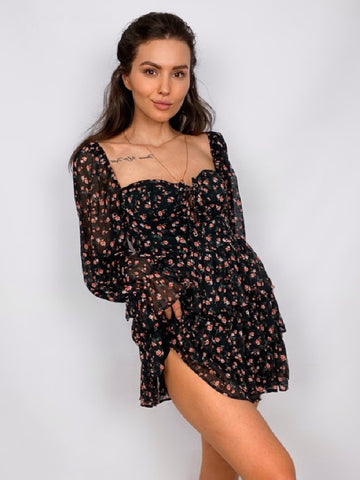 Women Sexy Cross Bandage Black Flower Print Puff Long Sleeve Dress 3 Layer Wood Ears Ruffles Hem Cake Mini Holiday Robe