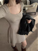 Women's Square Neck Knit Dress, Long Sleeve Fitted Bodice Pleated A-Line Dress for Fall Layering
