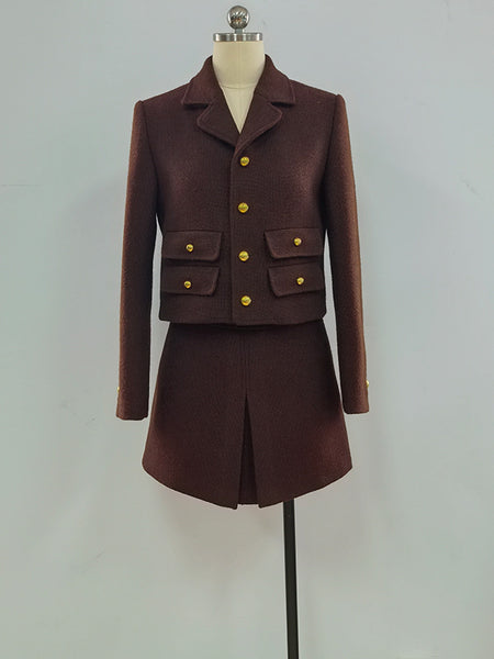 Women's Coffee Tweed Separates, Cropped Lapel Jacket or Skirt for Fall Winter Styling