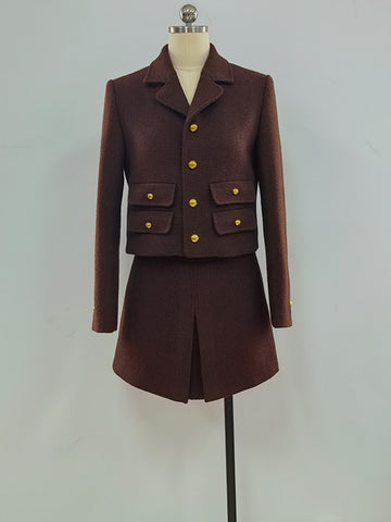 Women's Coffee Tweed Separates, Cropped Lapel Jacket or Skirt for Fall Winter Styling