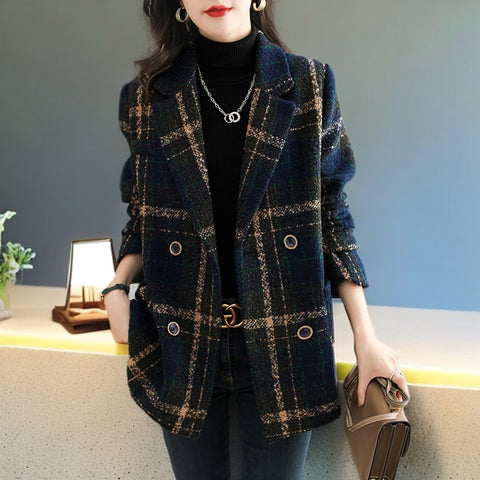 Women's Loose Fit Plaid Coat, Contrast Panel Lapel Collar Outerwear for Fall Winter