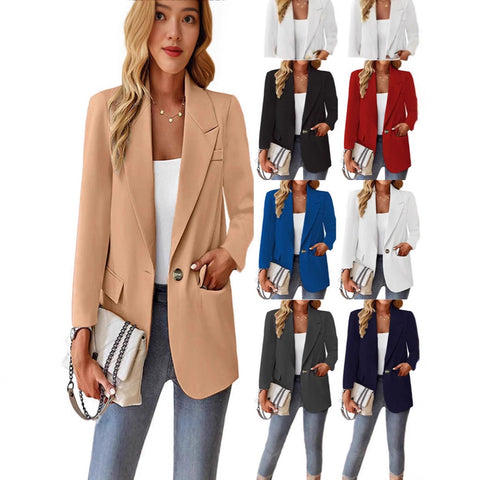 Women's Solid Color Blazer, Lapel Collar Single Button Suit Jacket for Casual and Workwear Styling