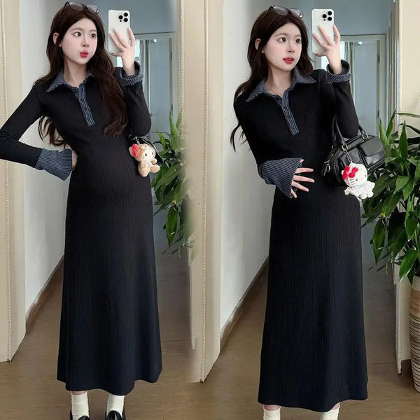 Women's Plus Size Maternity Dress, Lapel Collar Dress for Fall Winter Workwear Styling