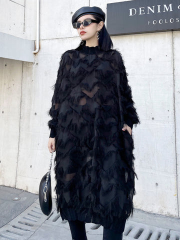 Women Black Tassels Perspective Big Size Knee-Length Dress Turtleneck Long Sleeve Spring Autumn 1DH8741