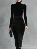 Women's Black Velvet Bodycon Dress, Mock Neck Ruched Slim Fit Dress for Fall Winter