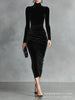 Women's Black Velvet Bodycon Dress, Mock Neck Ruched Slim Fit Dress for Fall Winter