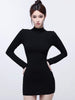 Women's Fleece-Lined Bodycon Mini Dress, Mock Neck Long Sleeve Thick Layering Dress for Fall Winter