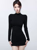 Women's Fleece-Lined Bodycon Mini Dress, Mock Neck Long Sleeve Thick Layering Dress for Fall Winter