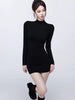 Women's Fleece-Lined Bodycon Mini Dress, Mock Neck Long Sleeve Thick Layering Dress for Fall Winter