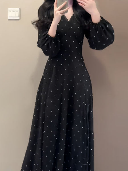 Women's Black Polka Dot Midi Dress, V Neck Long Puff Sleeve Dress for Fall Winter