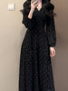 Women's Black Polka Dot Midi Dress, V Neck Long Puff Sleeve Dress for Fall Winter