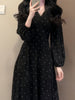 Women's Black Polka Dot Midi Dress, V Neck Long Puff Sleeve Dress for Fall Winter