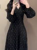 Women's Black Polka Dot Midi Dress, V Neck Long Puff Sleeve Dress for Fall Winter
