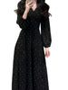 Women's Black Polka Dot Midi Dress, V Neck Long Puff Sleeve Dress for Fall Winter