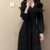 Women's Black Polka Dot Midi Dress, V Neck Long Puff Sleeve Dress for Fall Winter